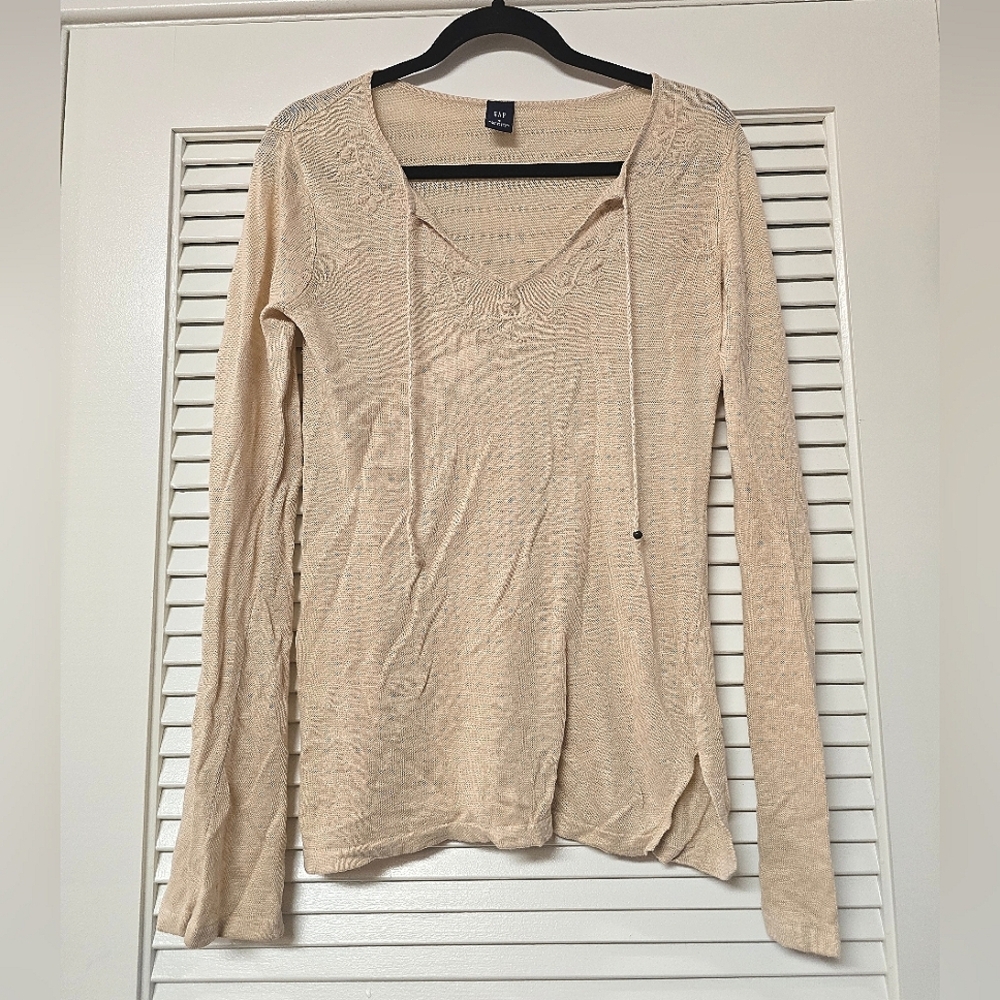 GAP - 100% Linen Embroidered Knit Long-Sleeve Top With Faux Drawstrings